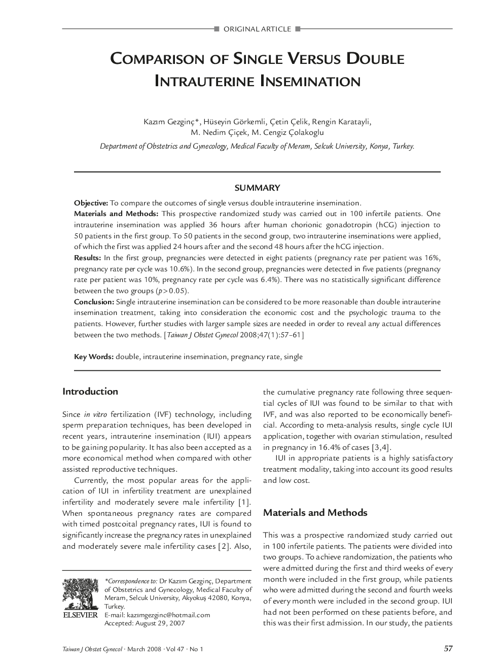 Comparison of Single Versus Double Intrauterine Insemination