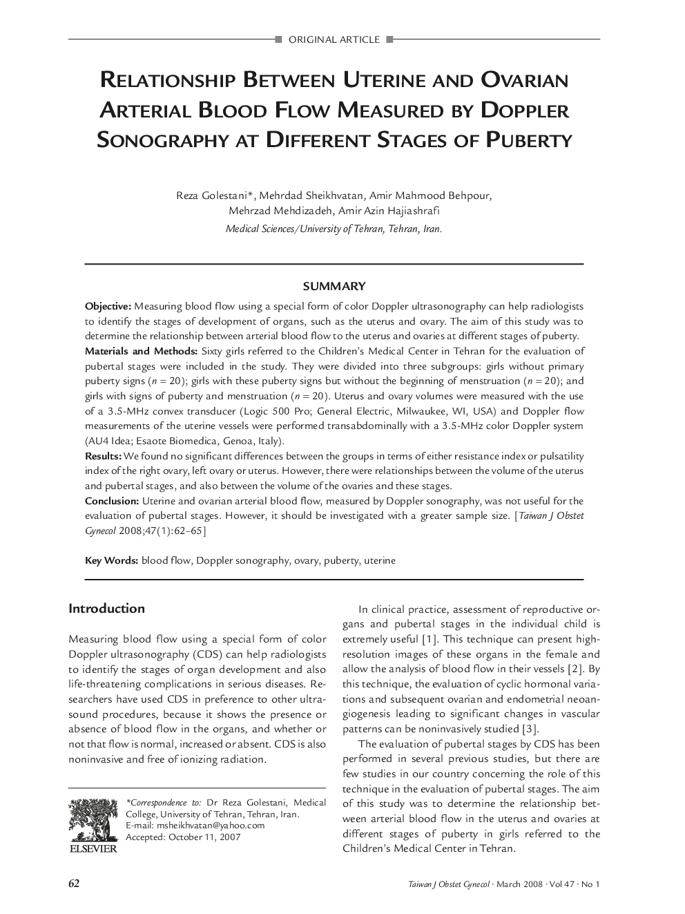 Relationship Between Uterine and Ovarian Arterial Blood Flow Measured by Doppler Sonography at Different Stages of Puberty