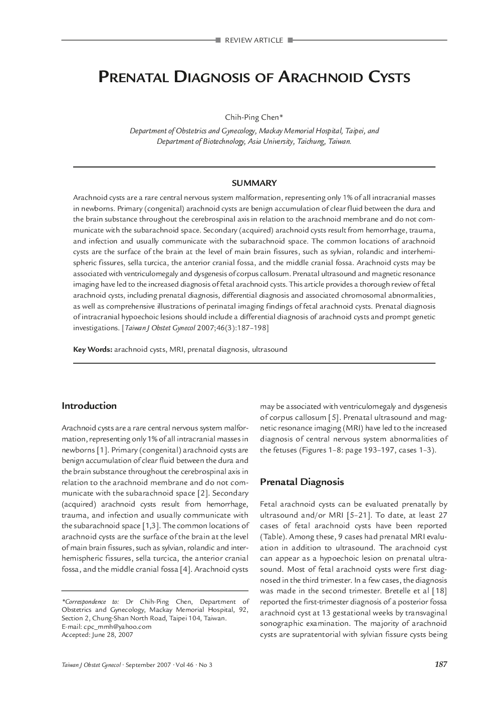 Prenatal Diagnosis of Arachnoid Cysts