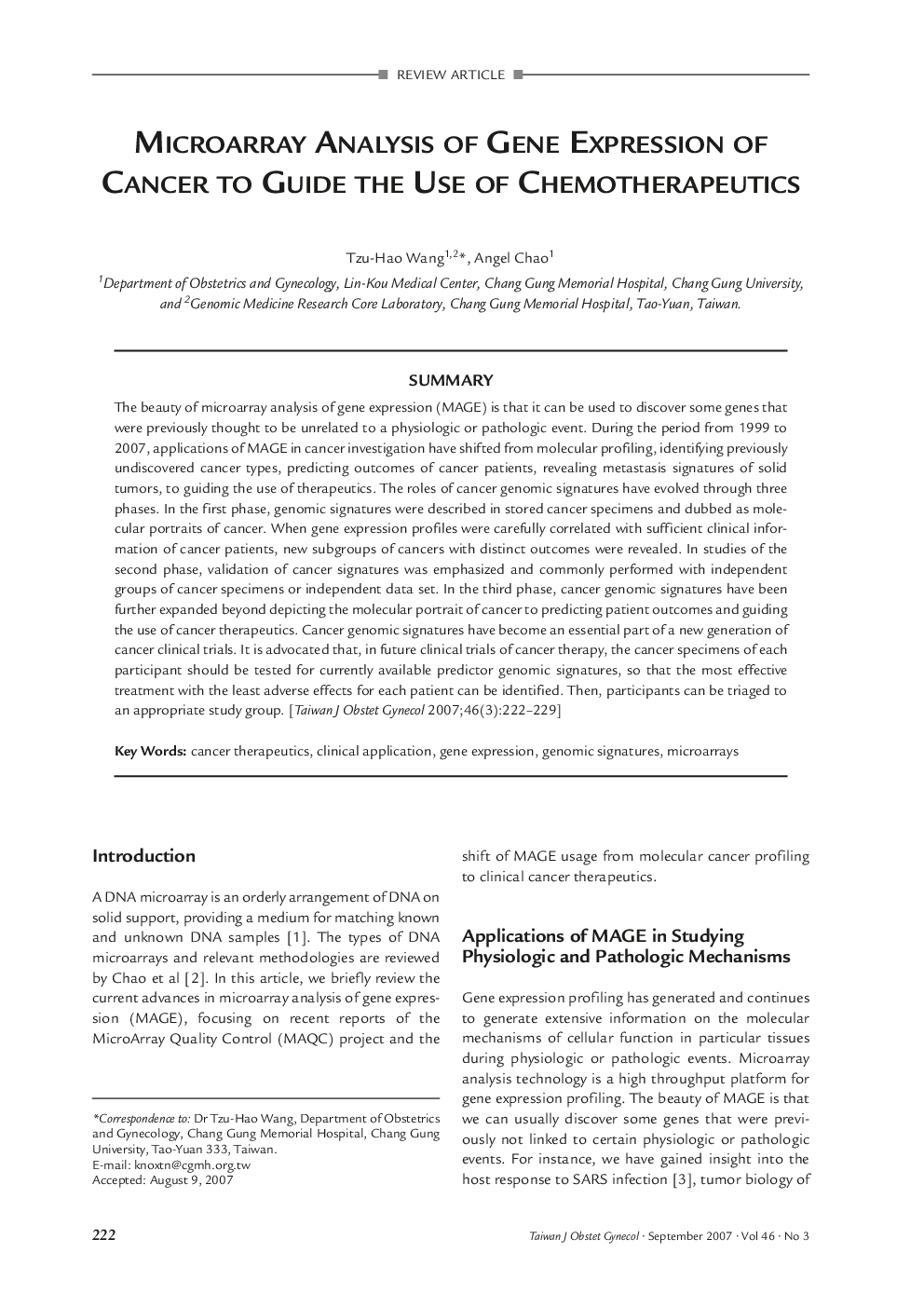 Microarray Analysis of Gene Expression of Cancer to Guide the Use of Chemotherapeutics