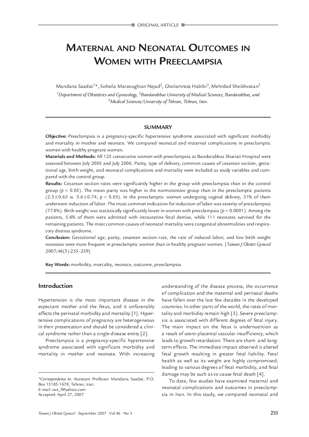 Maternal and Neonatal Outcomes in Women with Preeclampsia