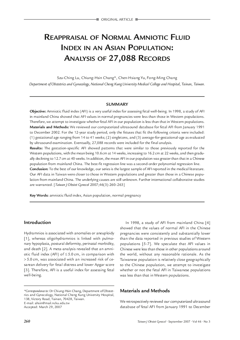 Reappraisal of Normal Amniotic Fluid Index in an Asian Population: Analysis of 27,088 Records