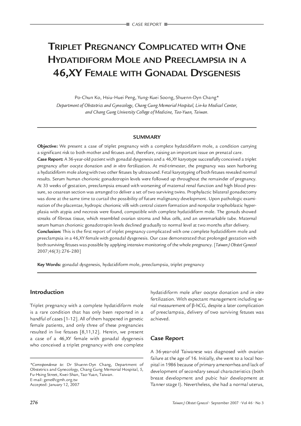 Triplet Pregnancy Complicated with One Hydatidiform Mole and Preeclampsia in a 46, XY Female with Gonadal Dysgenesis