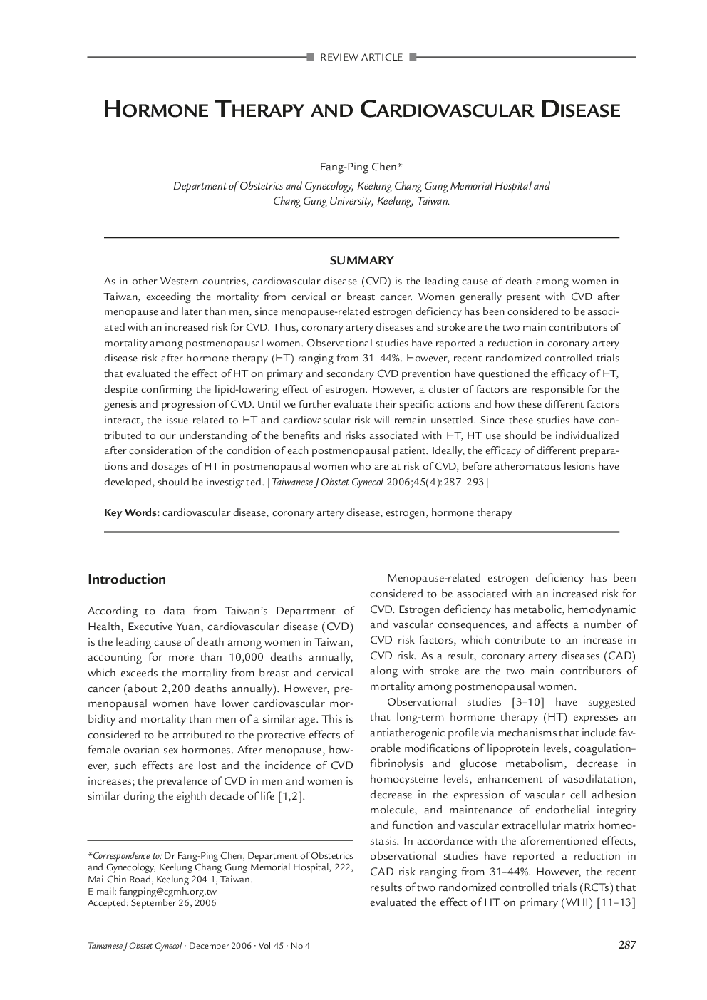 Hormone Therapy and Cardiovascular Disease