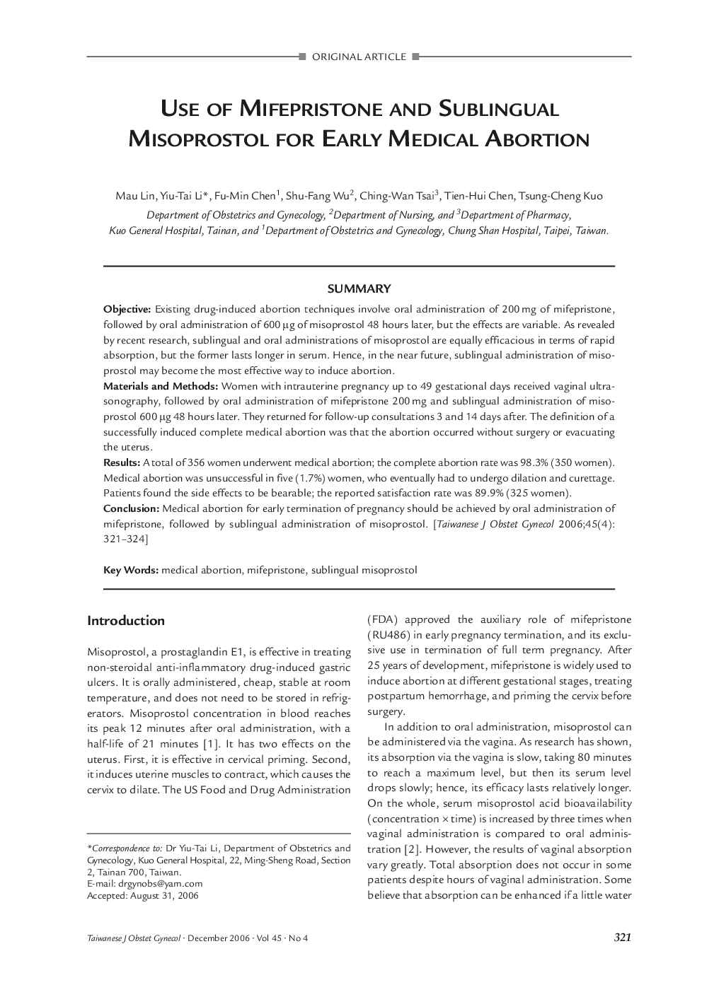 Use of Mifepristone and Sublingual Misoprostol for Early Medical Abortion