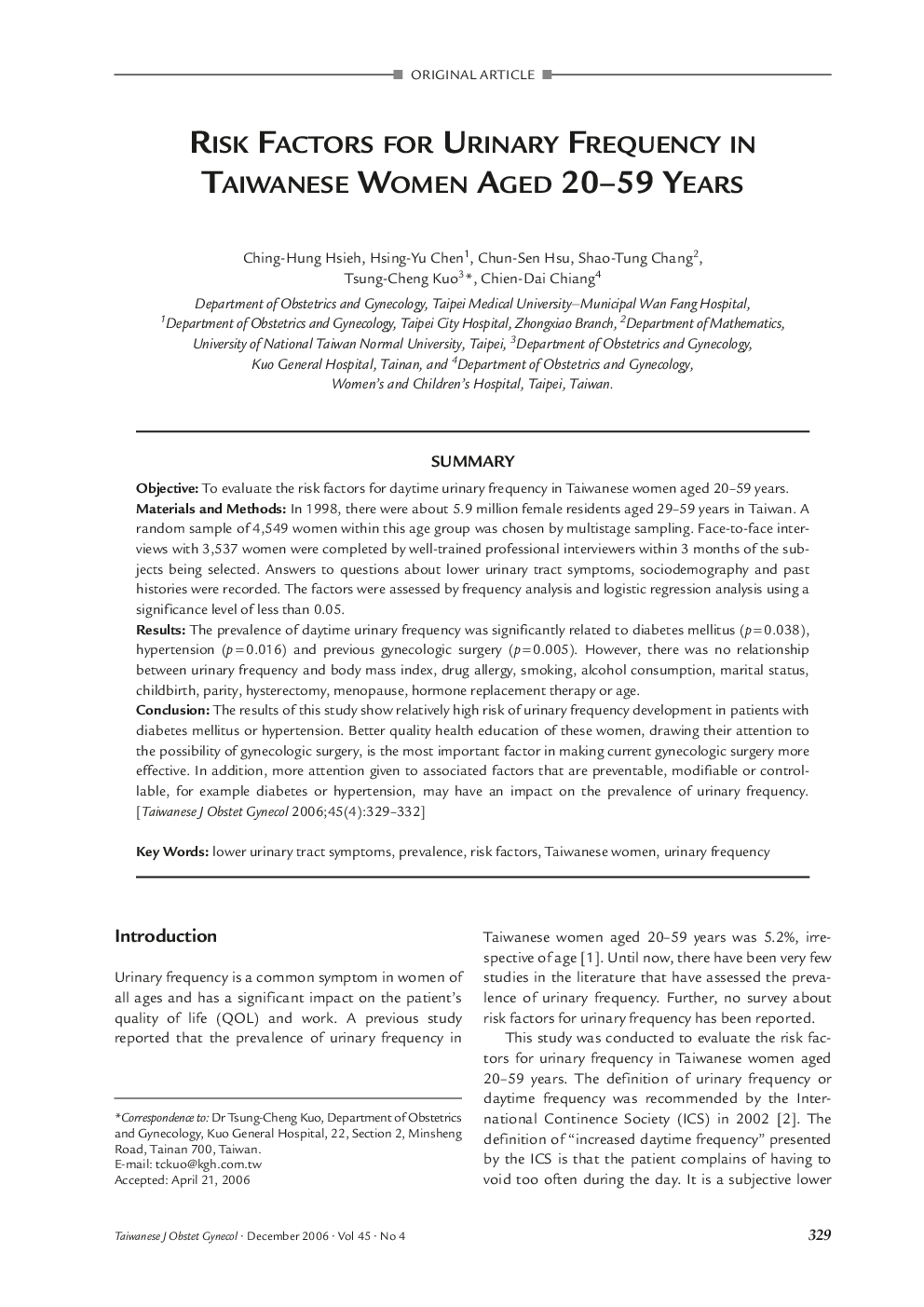 Risk Factors for Urinary Frequency in Taiwanese Women Aged 20-59 Years