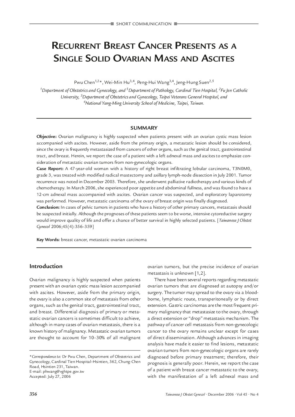 Recurrent Breast Cancer Presents as a Single Solid Ovarian Mass and Ascites