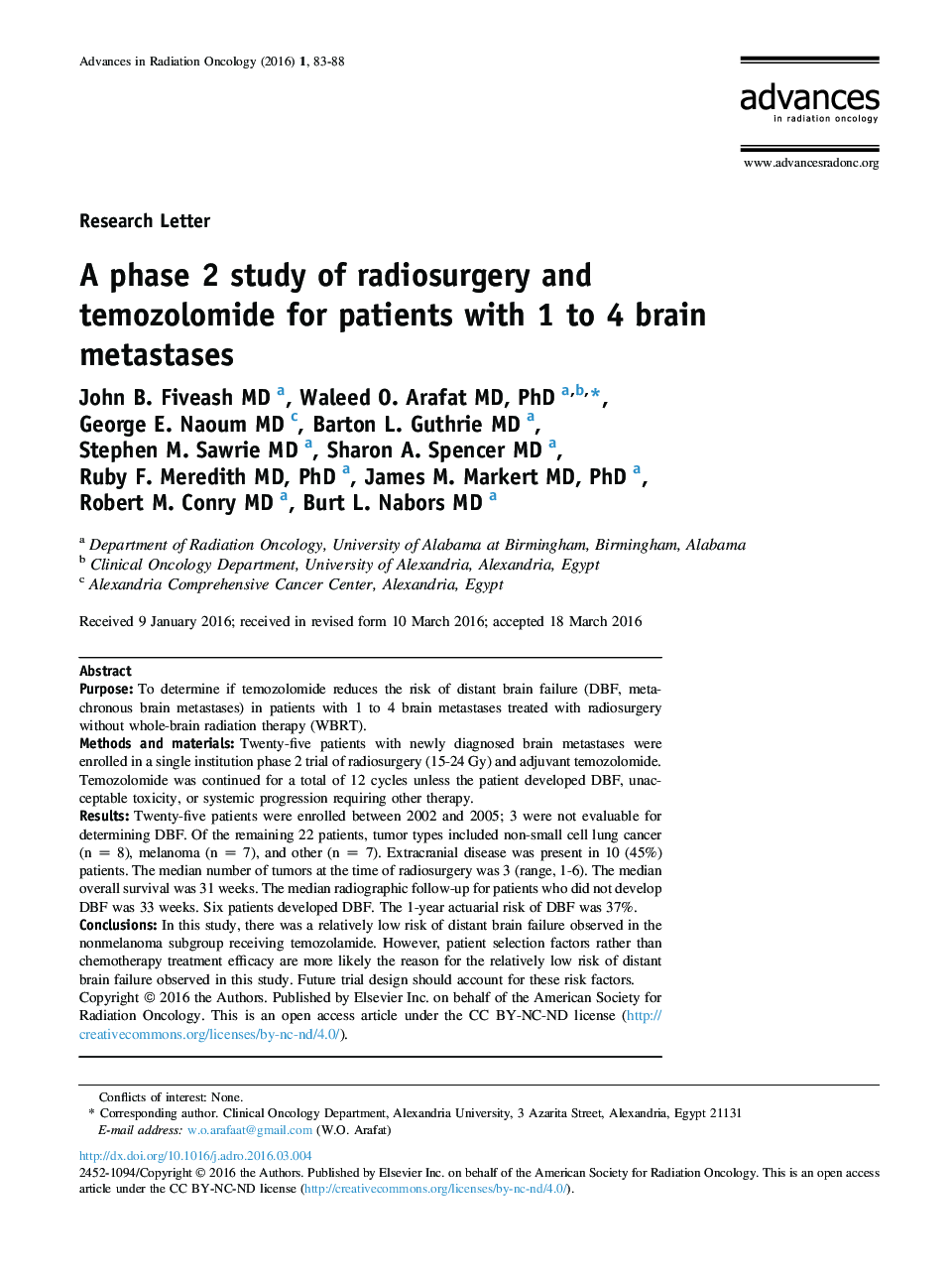 A phase 2 study of radiosurgery and temozolomide for patients with 1 to 4 brain metastases 