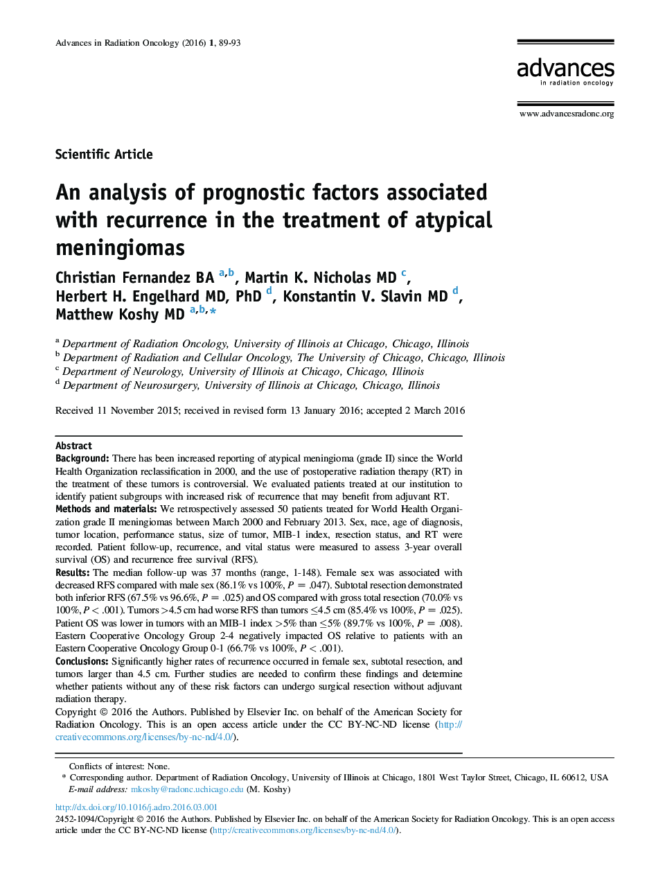 An analysis of prognostic factors associated with recurrence in the treatment of atypical meningiomas 