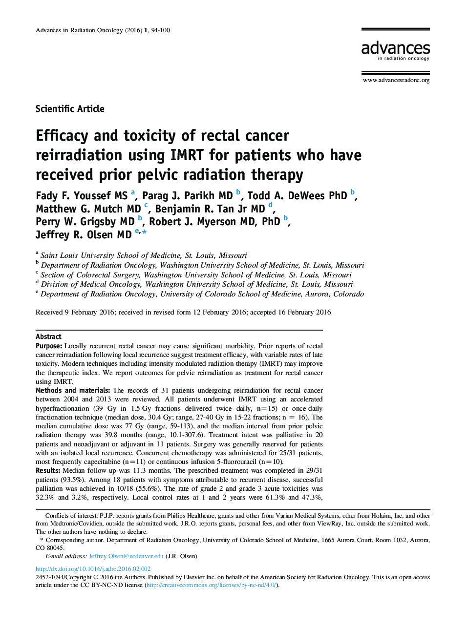 Efficacy and toxicity of rectal cancer reirradiation using IMRT for patients who have received prior pelvic radiation therapy 