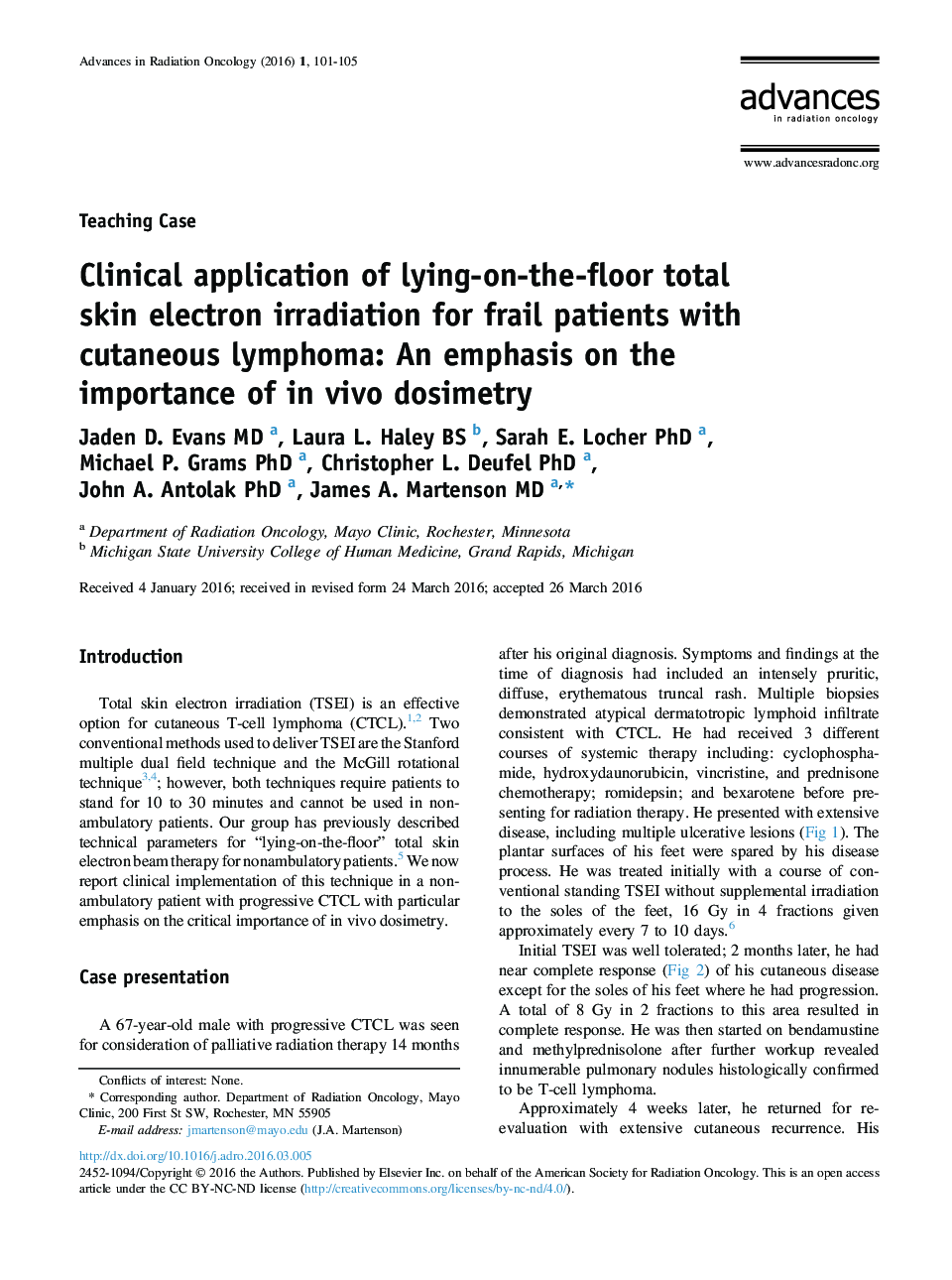 Clinical application of lying-on-the-floor total skin electron irradiation for frail patients with cutaneous lymphoma: An emphasis on the importance of in vivo dosimetry