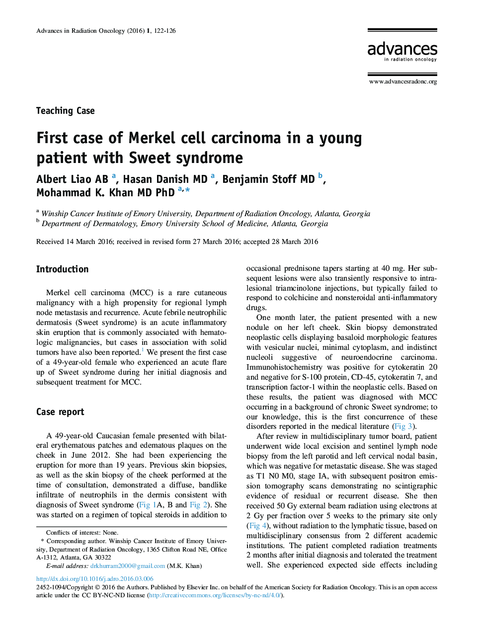 First case of Merkel cell carcinoma in a young patient with Sweet syndrome