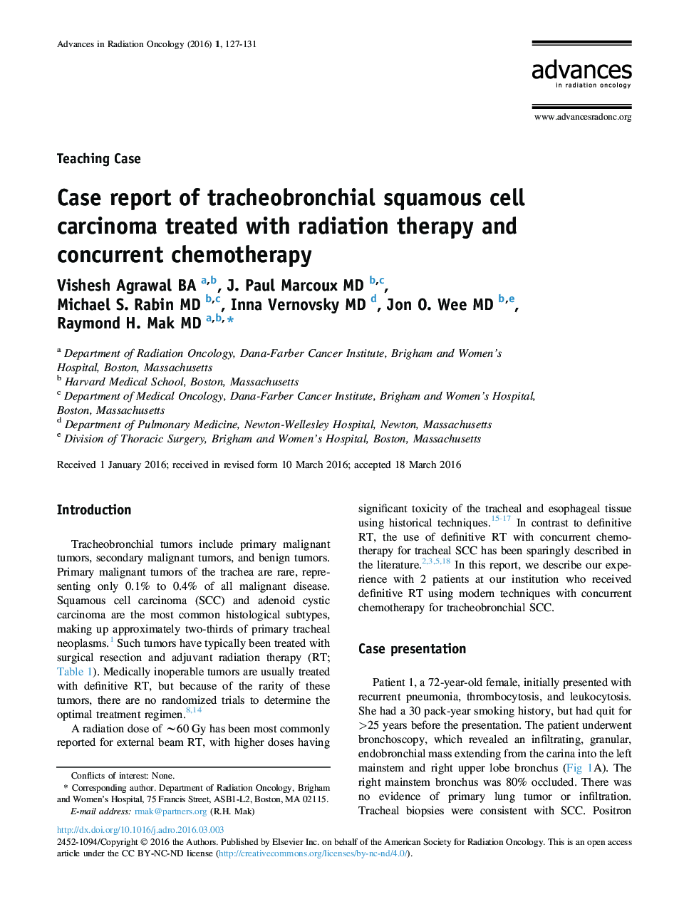 Case report of tracheobronchial squamous cell carcinoma treated with radiation therapy and concurrent chemotherapy