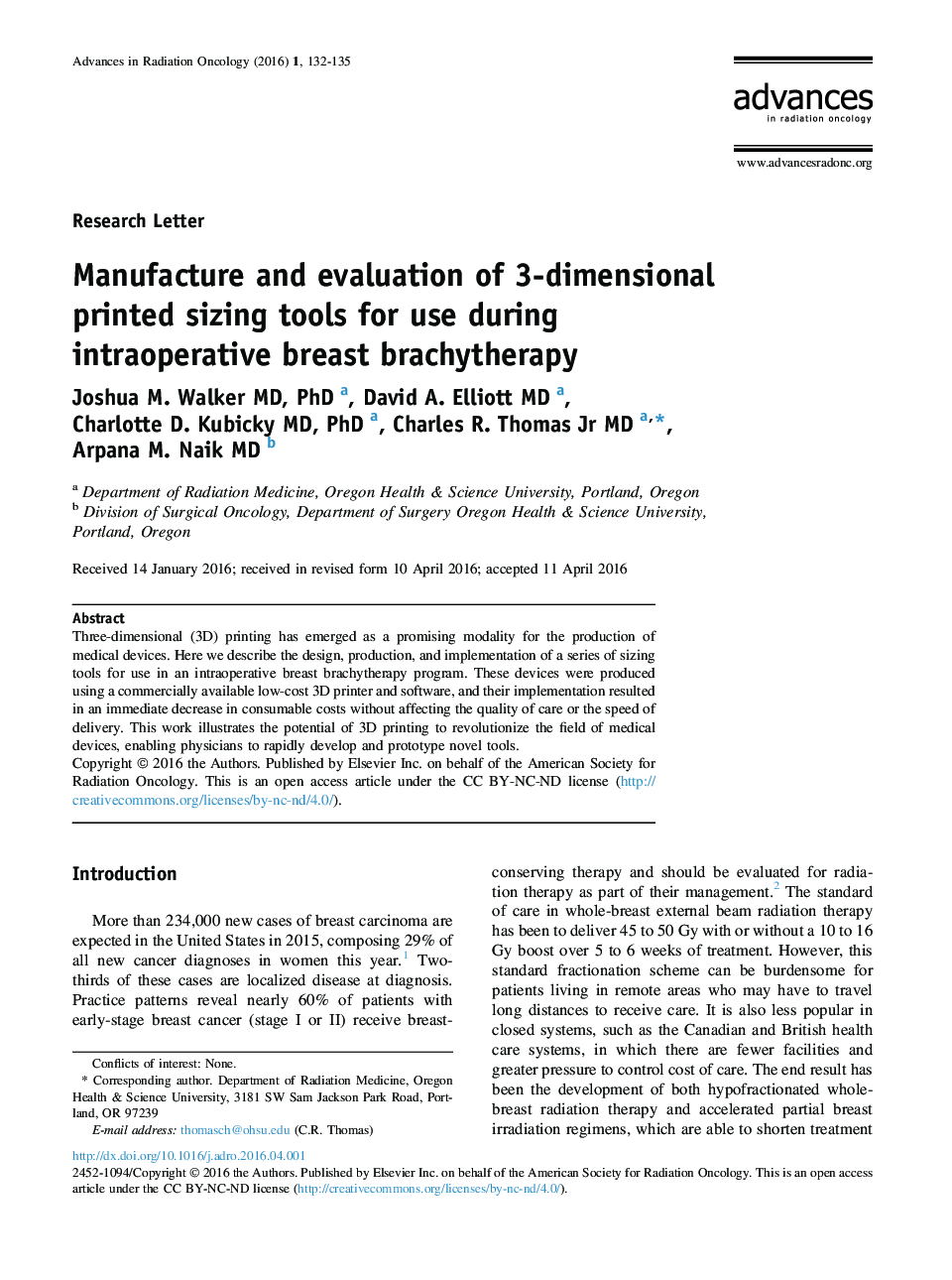 Manufacture and evaluation of 3-dimensional printed sizing tools for use during intraoperative breast brachytherapy 