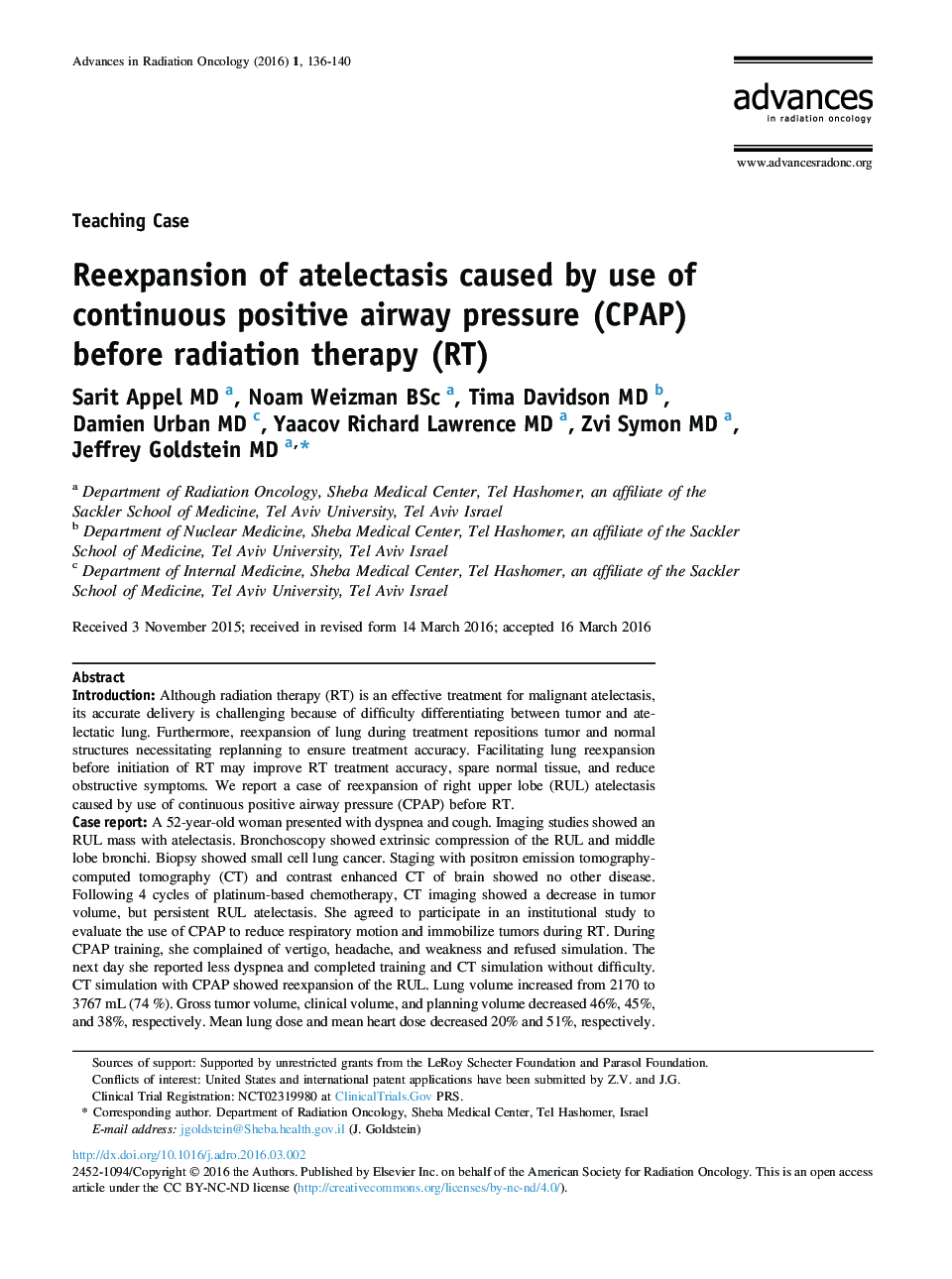 Reexpansion of atelectasis caused by use of continuous positive airway pressure (CPAP) before radiation therapy (RT) 