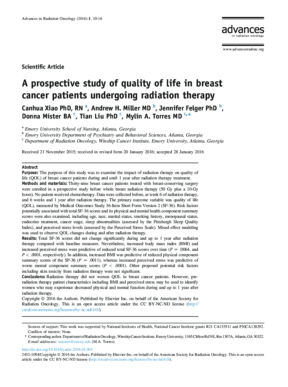 A prospective study of quality of life in breast cancer patients undergoing radiation therapy 