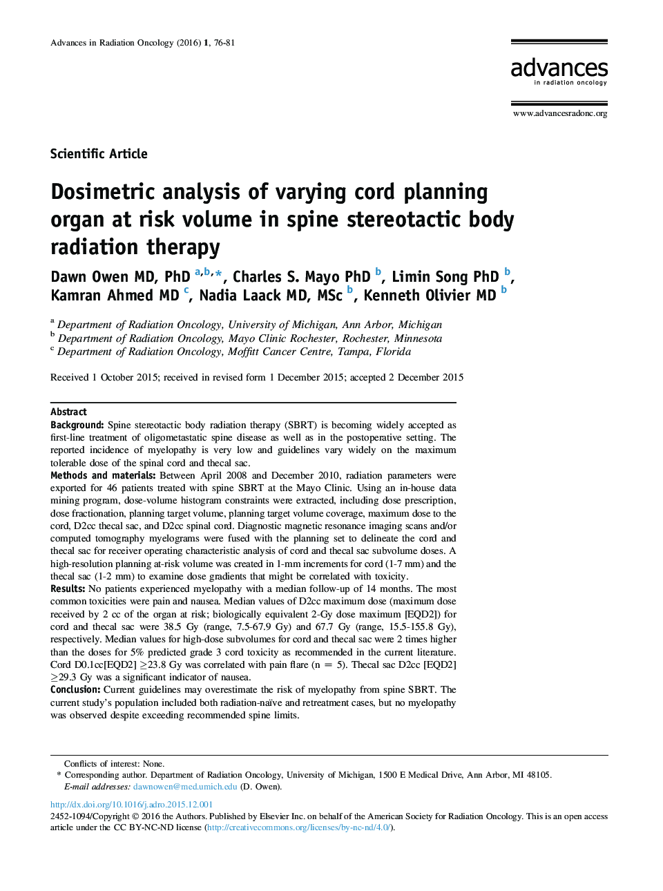 Dosimetric analysis of varying cord planning organ at risk volume in spine stereotactic body radiation therapy 