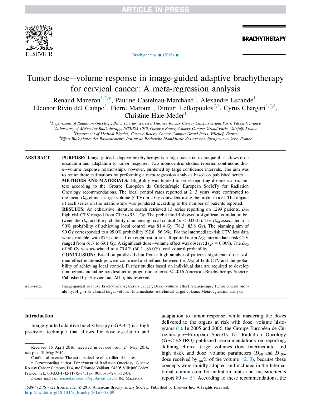 پاسخ دوز حجمی تومور در براکیوتراپی تطبیقی ​​هدایت تصویر برای سرطان دهانه رحم: یک تجزیه و تحلیل رگرسیون 