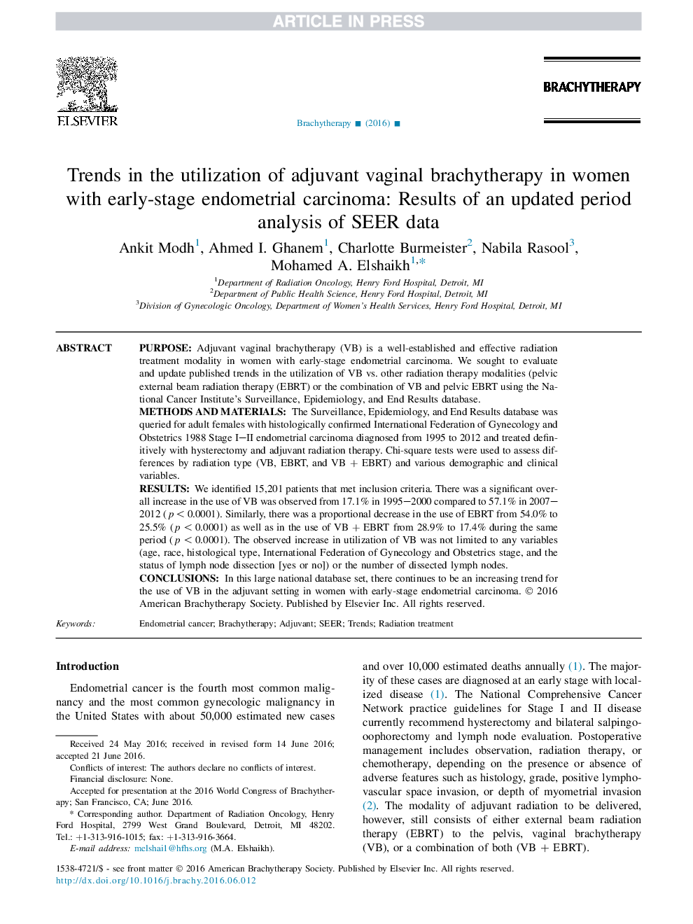 Trends in the utilization of adjuvant vaginal brachytherapy in women with early-stage endometrial carcinoma: Results of an updated period analysis of SEER data