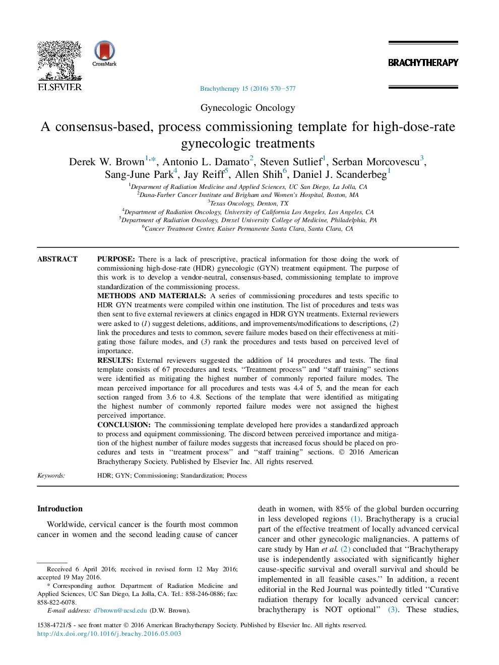 A consensus-based, process commissioning template for high-dose-rate gynecologic treatments