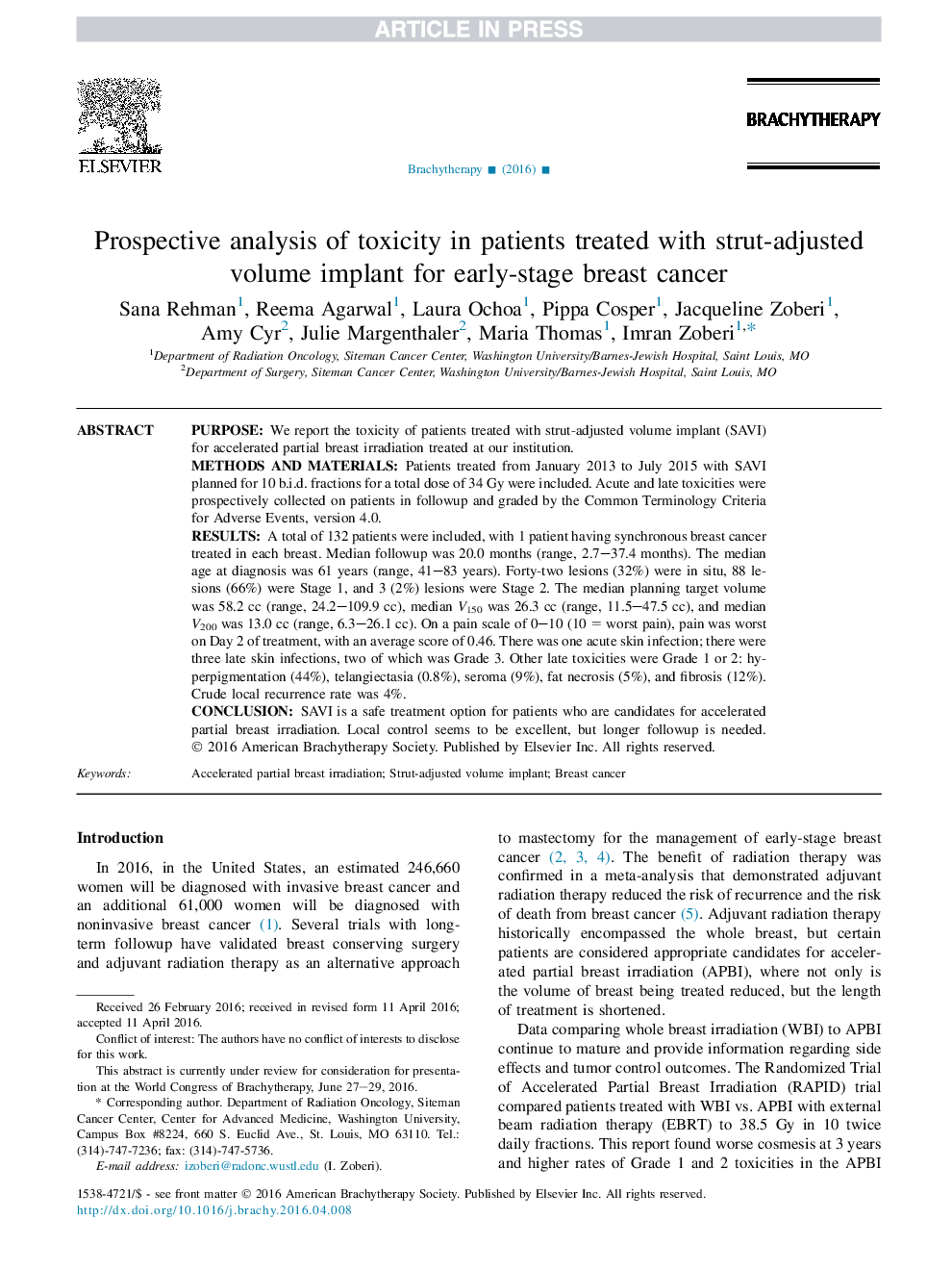 تجزیه و تحلیل آینده نگر در مورد سمیت در بیماران تحت درمان با الاثر حجمی تنظیم شده با استرول برای سرطان پستان در مراحل اولیه 