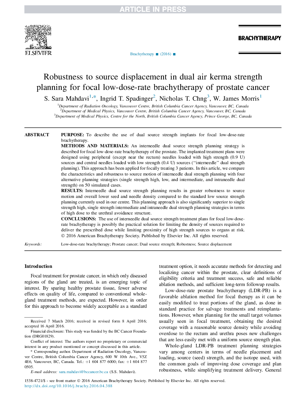 Robustness to source displacement in dual air kerma strength planning forÂ focal low-dose-rate brachytherapy of prostate cancer