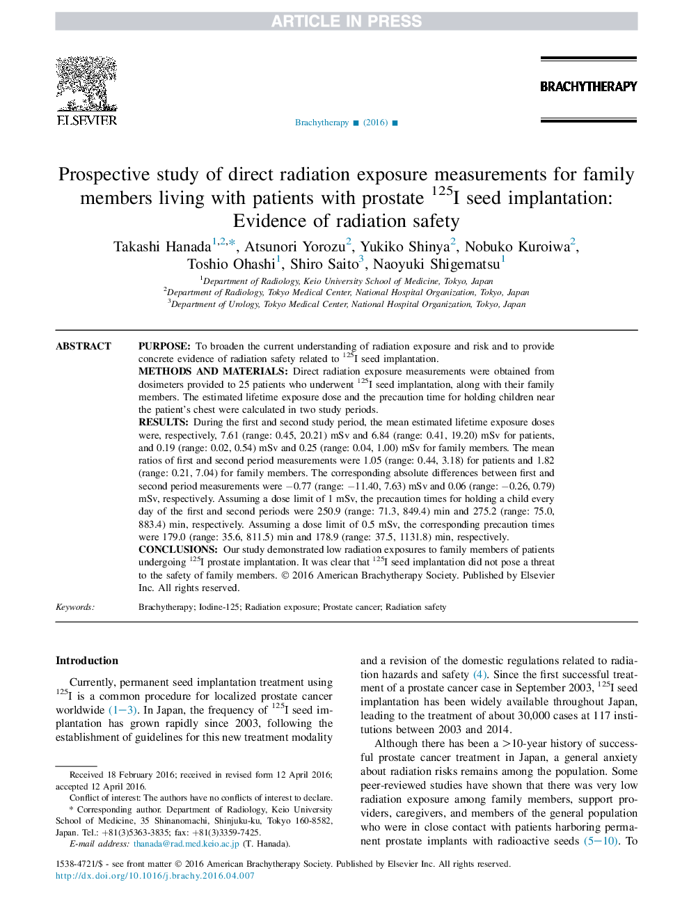 Prospective study of direct radiation exposure measurements for family members living with patients with prostate 125I seed implantation: Evidence of radiation safety