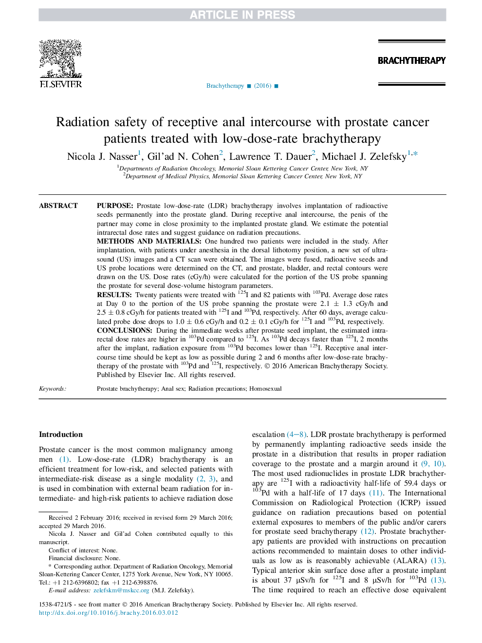 Radiation safety of receptive anal intercourse with prostate cancer patients treated with low-dose-rate brachytherapy