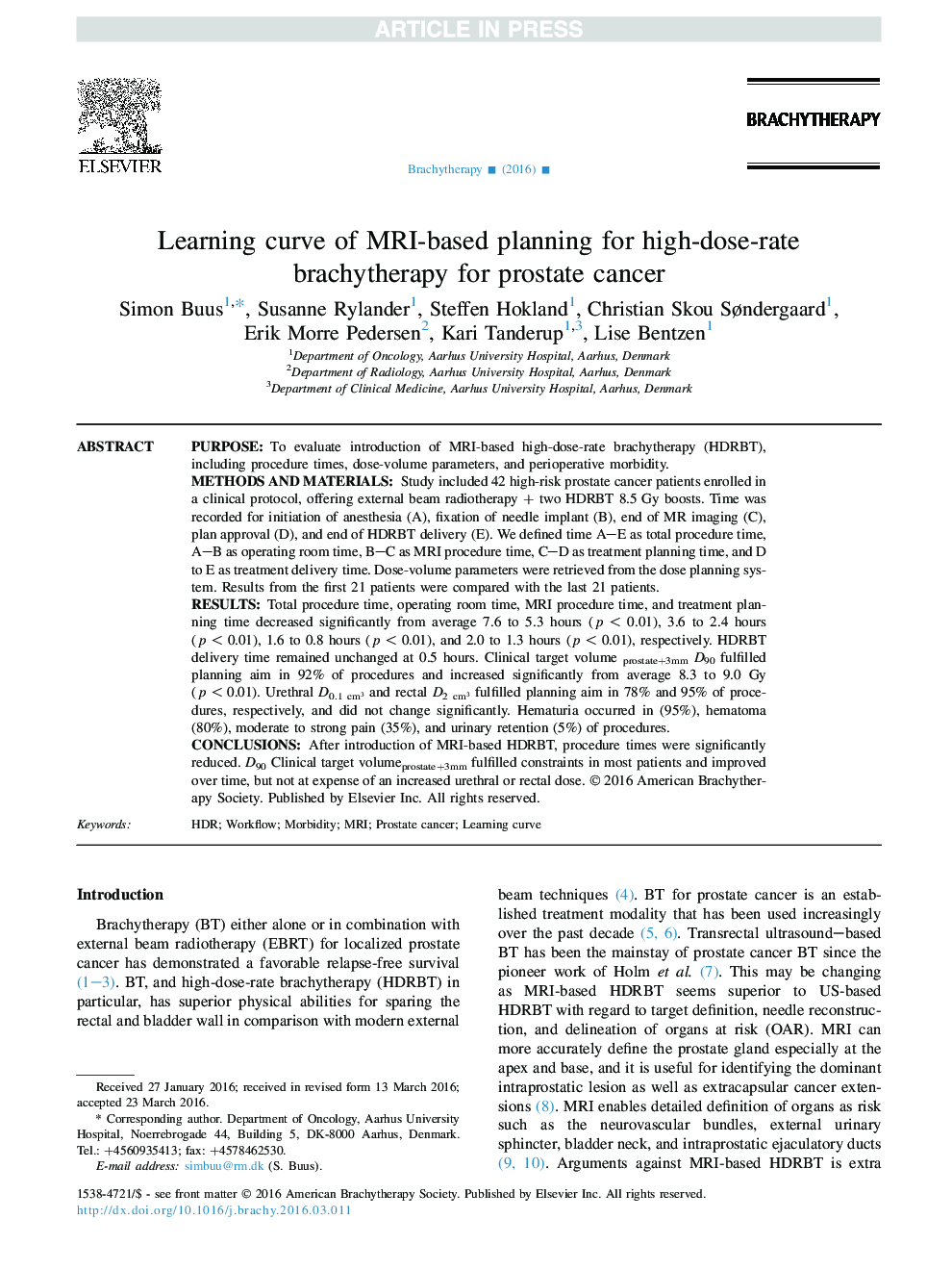 Learning curve of MRI-based planning for high-dose-rate brachytherapy for prostate cancer