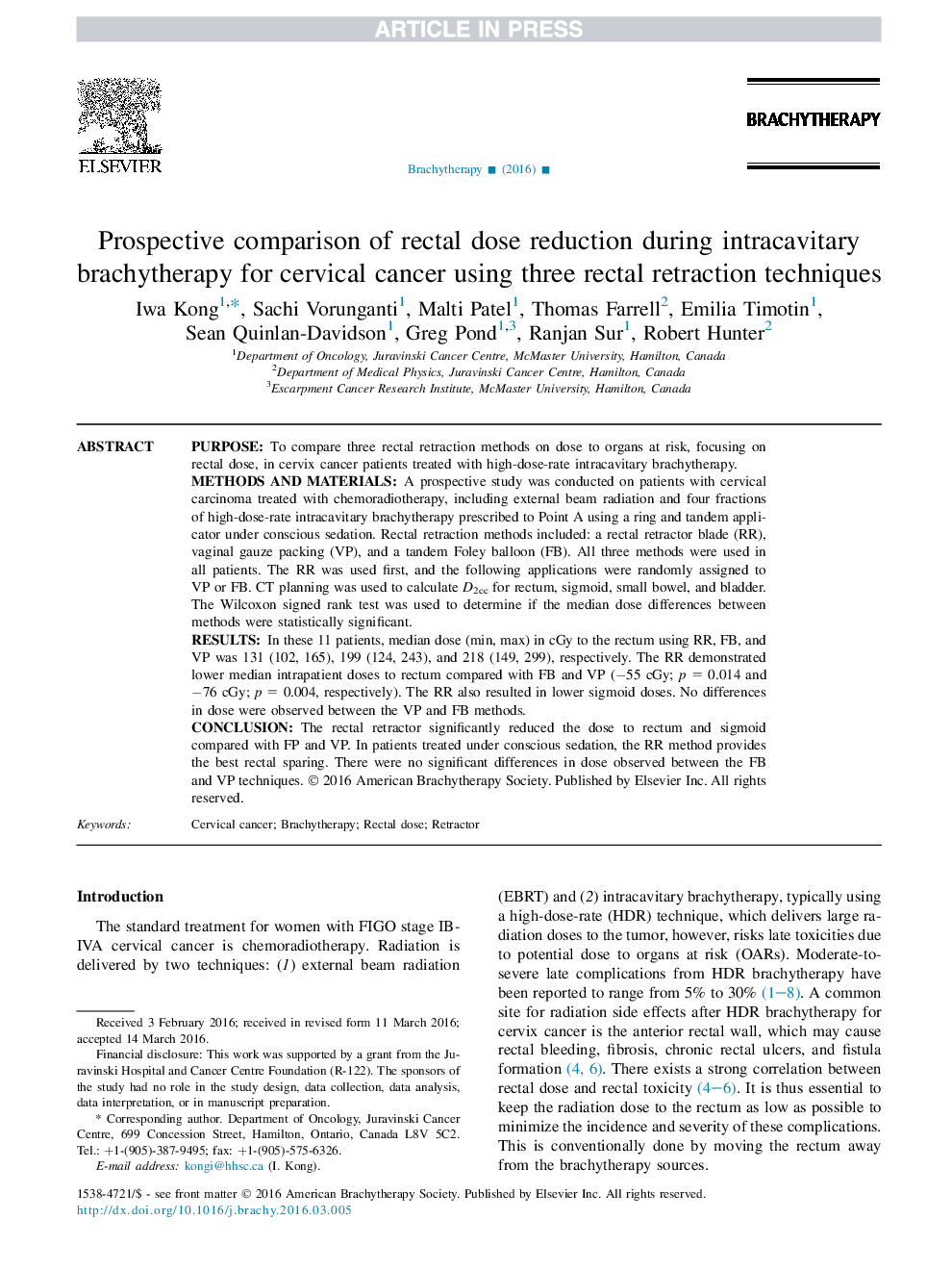 Prospective comparison of rectal dose reduction during intracavitary brachytherapy for cervical cancer using three rectal retraction techniques