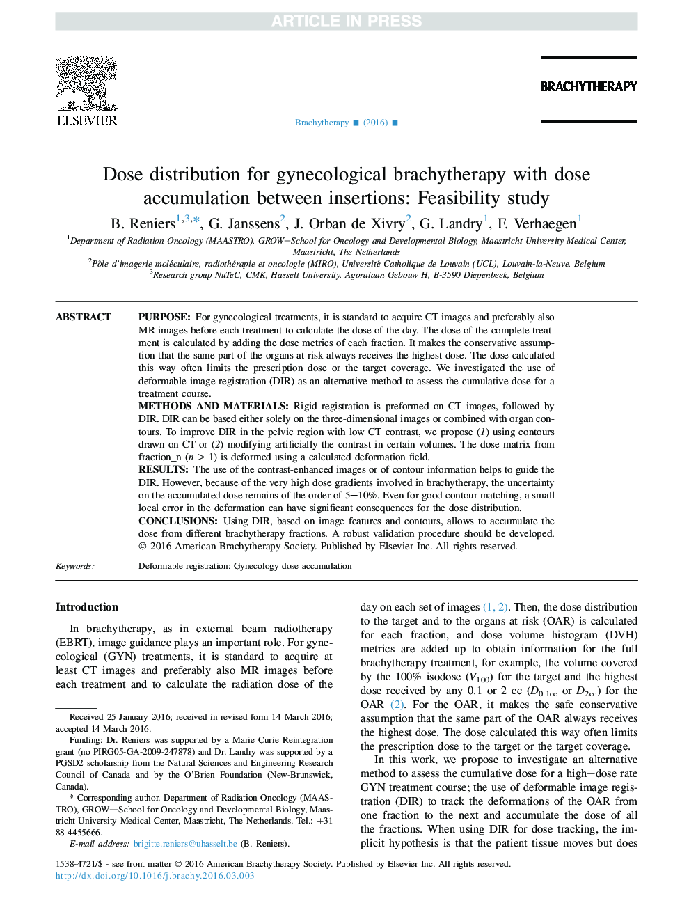 Dose distribution for gynecological brachytherapy with dose accumulation between insertions: Feasibility study