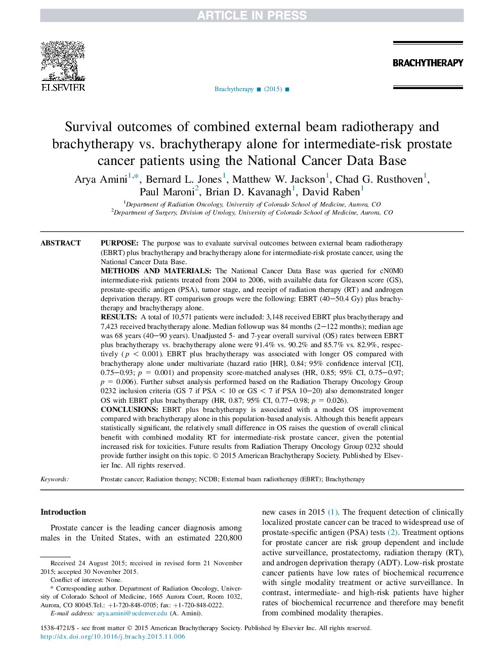 نتایج بیخوابی رادیوتراپی پرتوهای ترکیبی خارجی و برشیوتراپی در مقابل براکیتراپی به تنهایی برای بیماران مبتلا به سرطان پروستات خطرناک با استفاده از پایگاه اطلاعات سرطان ملی 