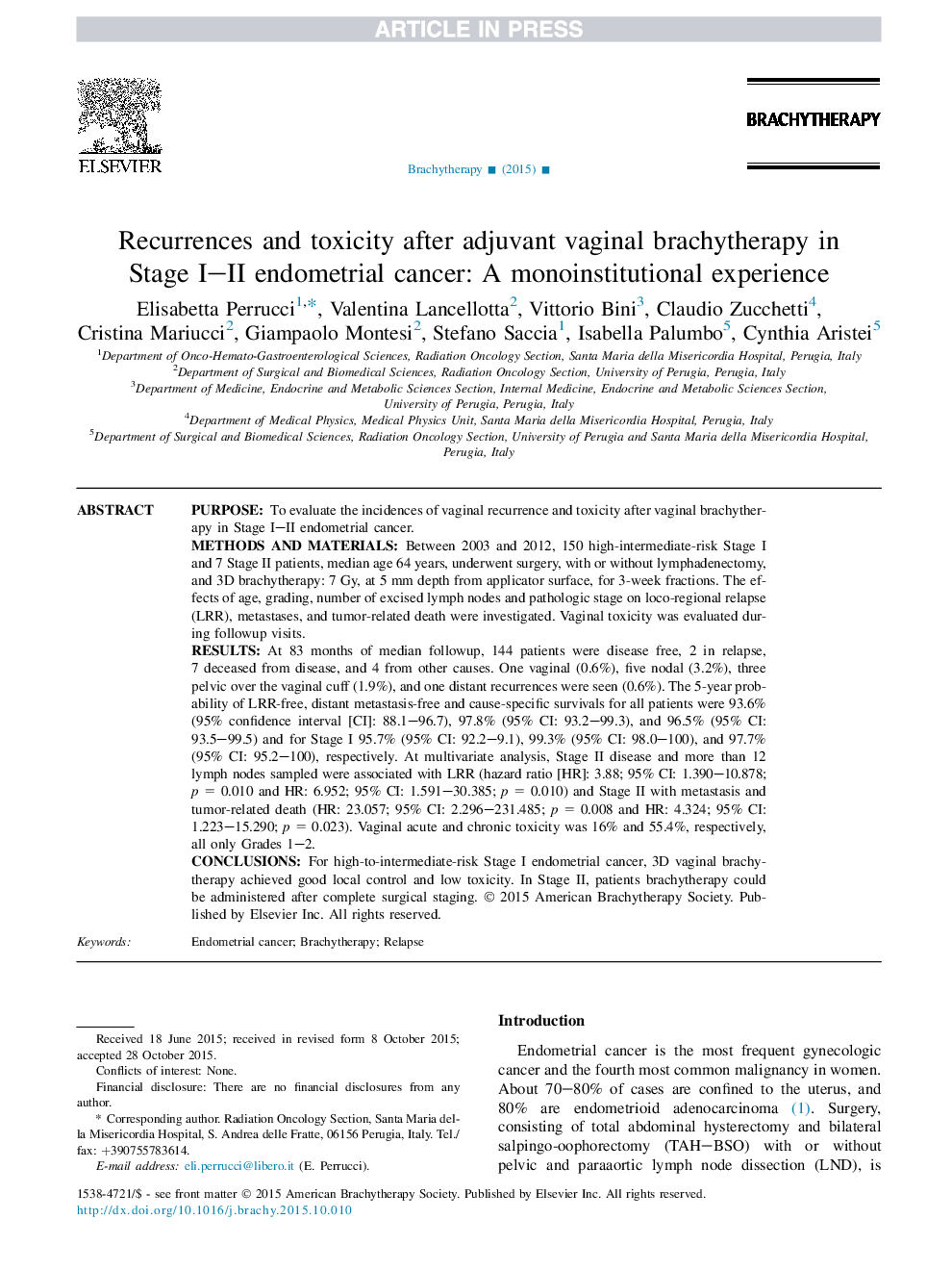 Recurrences and toxicity after adjuvant vaginal brachytherapy in StageÂ I-II endometrial cancer: A monoinstitutional experience