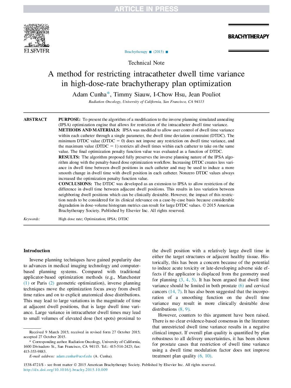 A method for restricting intracatheter dwell time variance inÂ high-dose-rate brachytherapy plan optimization