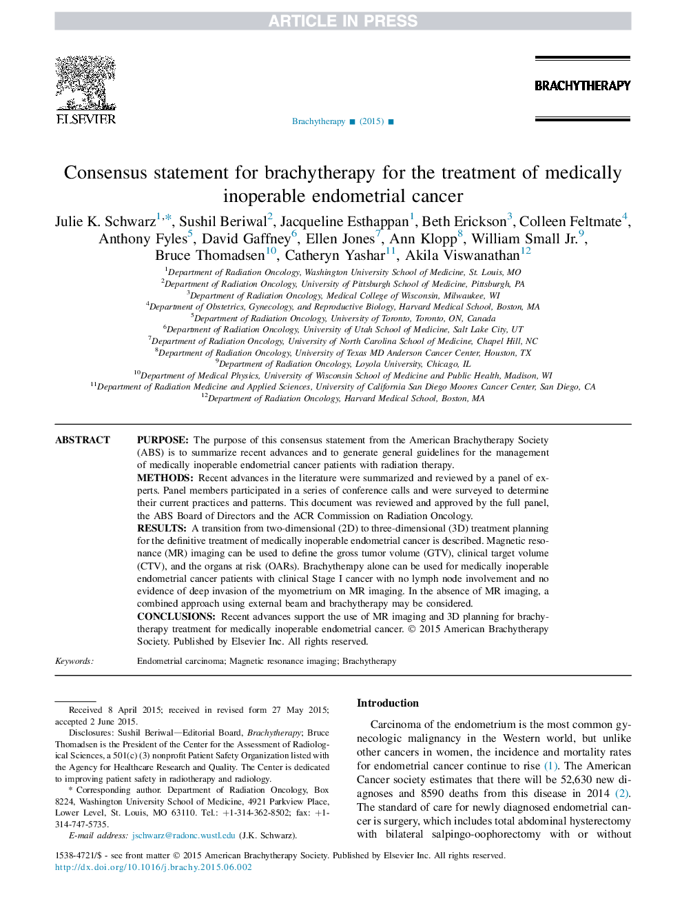 Consensus statement for brachytherapy for the treatment of medically inoperable endometrial cancer