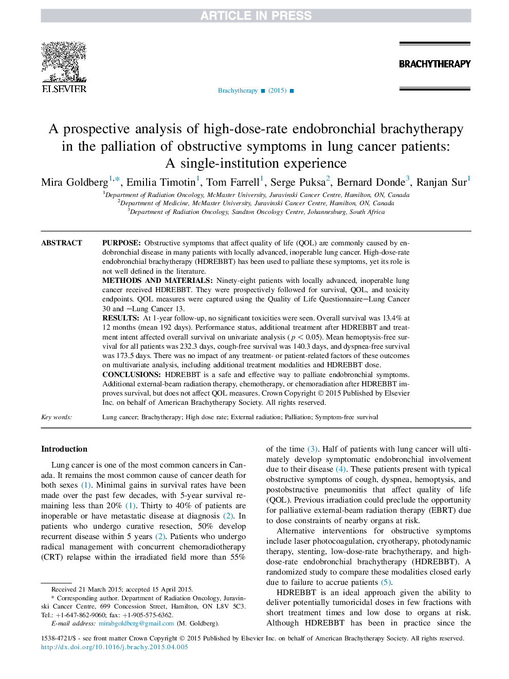 تجزیه و تحلیل آینده نگر از برویتراپی اندو براونشیال با دوز بالا در کاهش علائم انسداد در بیماران مبتلا به سرطان ریه: تجربه یک نهاد 