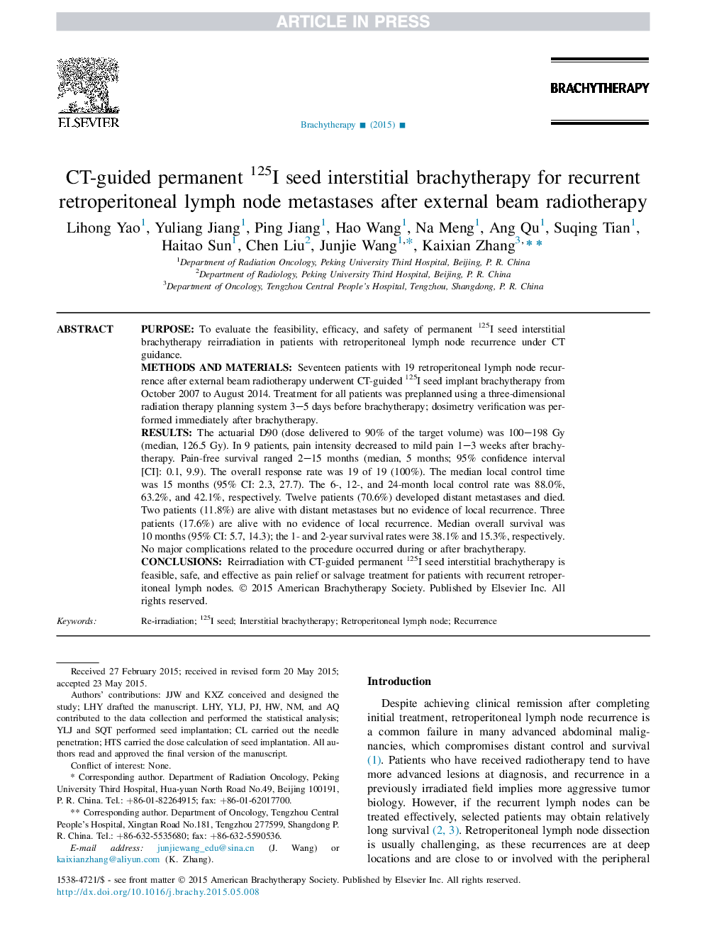 CT-guided permanent 125I seed interstitial brachytherapy for recurrent retroperitoneal lymph node metastases after external beam radiotherapy