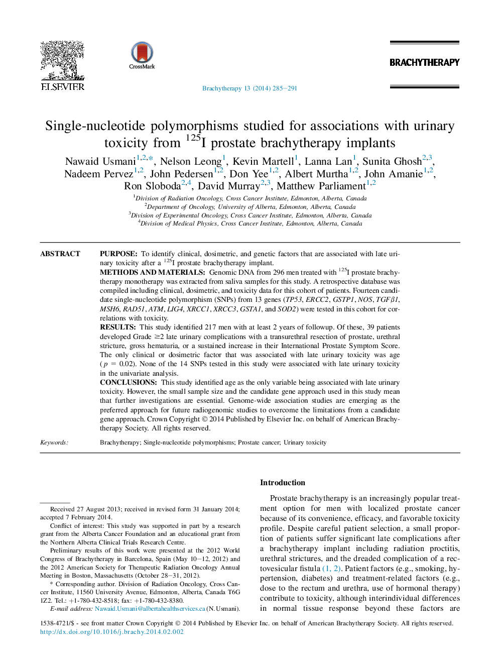 Single-nucleotide polymorphisms studied for associations with urinary toxicity from 125I prostate brachytherapy implants