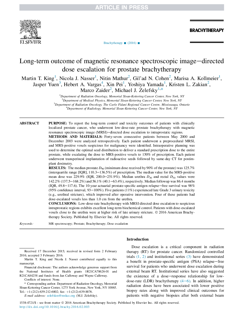 Long-term outcome of magnetic resonance spectroscopic image-directed dose escalation for prostate brachytherapy