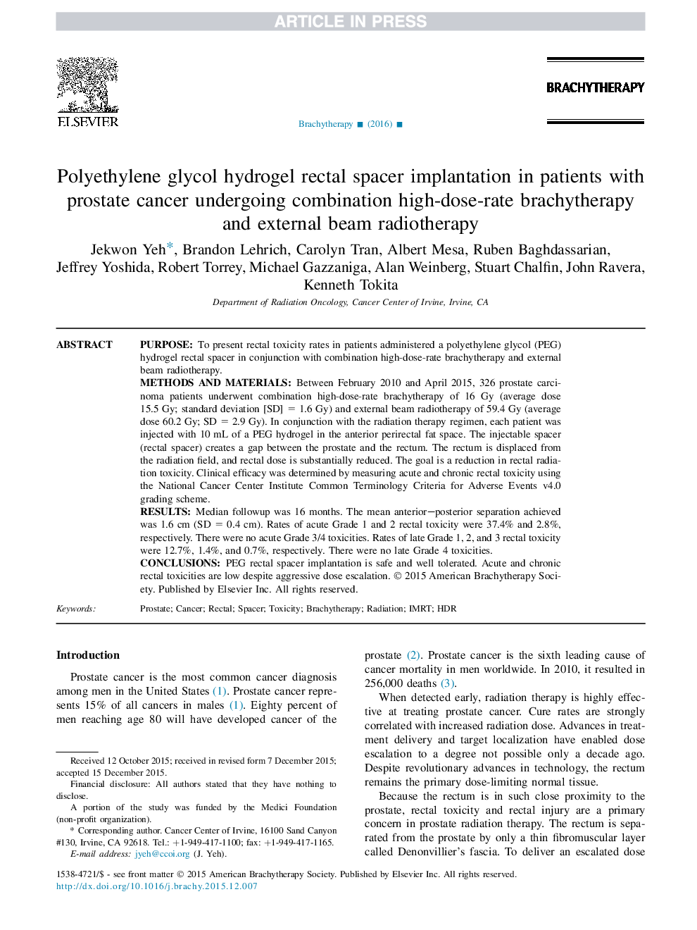 Polyethylene glycol hydrogel rectal spacer implantation in patients with prostate cancer undergoing combination high-dose-rate brachytherapy and external beam radiotherapy