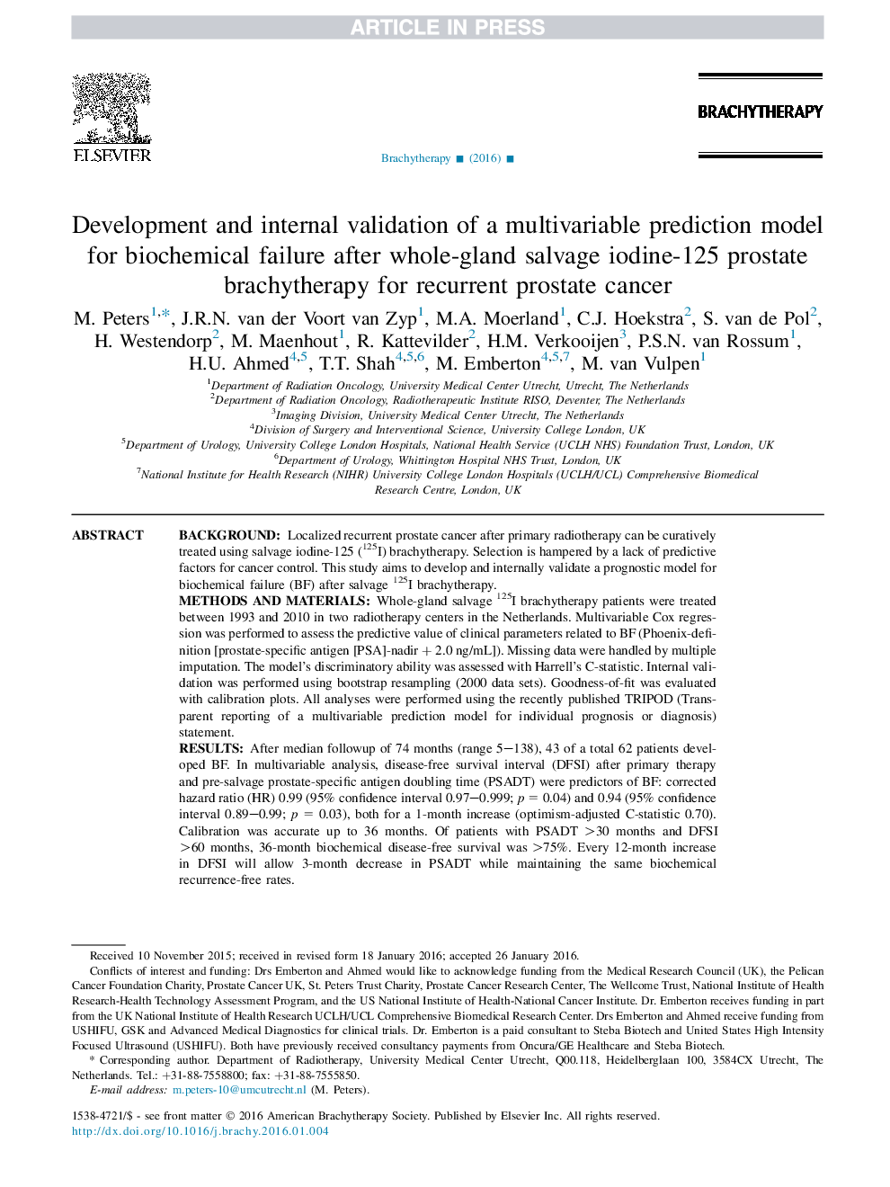 Development and internal validation of a multivariable prediction model for biochemical failure after whole-gland salvage iodine-125 prostate brachytherapy for recurrent prostate cancer