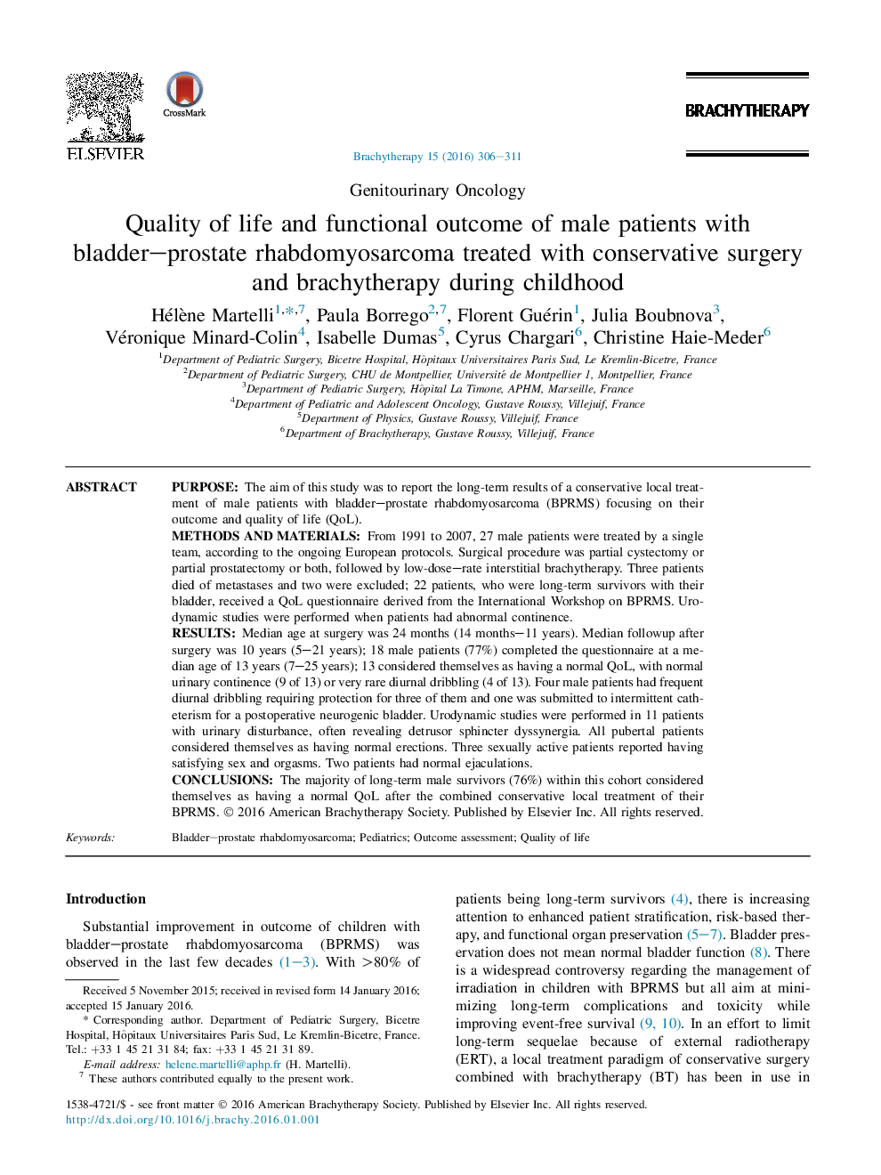 Quality of life and functional outcome of male patients with bladder-prostate rhabdomyosarcoma treated with conservative surgery and brachytherapy during childhood