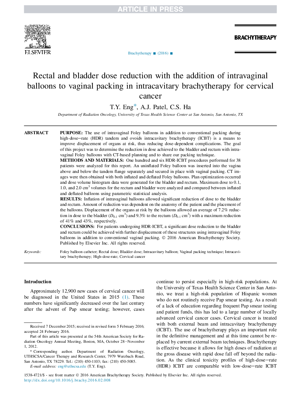 کاهش دوز رکتوم و مثانه با اضافه کردن بالون های داخل قاعدگی به بسته بندی واژینال در بروی تراپی داخل شکمی برای سرطان دهانه رحم 