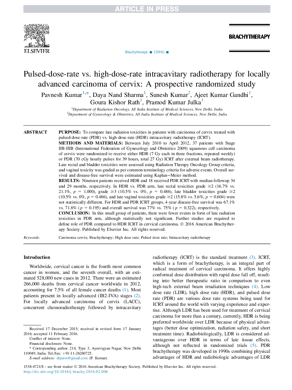 Pulsed-dose-rate vs. high-dose-rate intracavitary radiotherapy for locally advanced carcinoma of cervix: A prospective randomized study