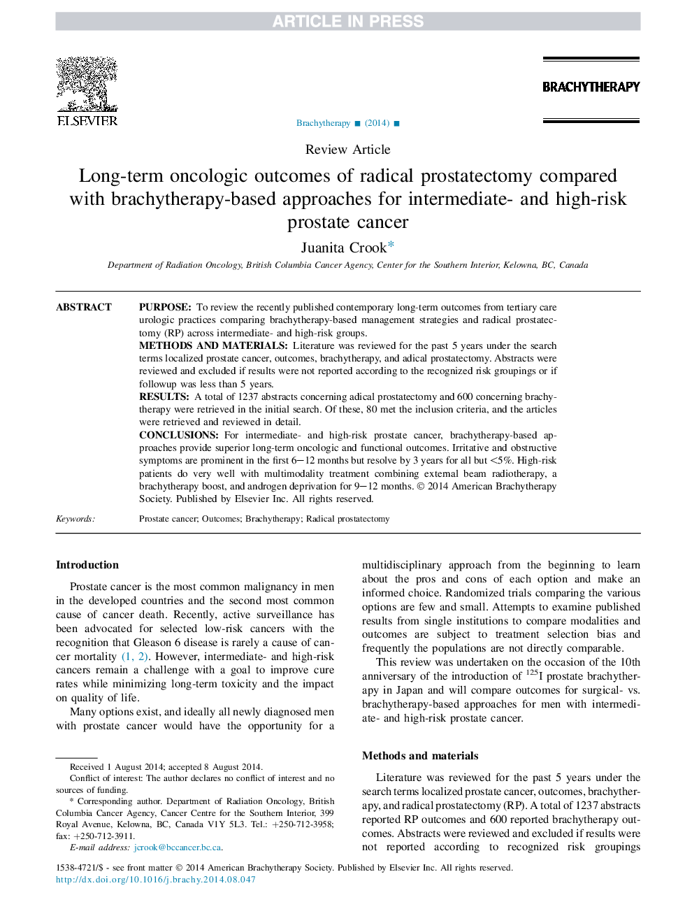 نتایج درازمدت سرطان پروستاتکتومی رادیکال در مقایسه با روش مبتنی بر برشیتراپی برای سرطان پروستات با متوسط ​​و شدید خطر 