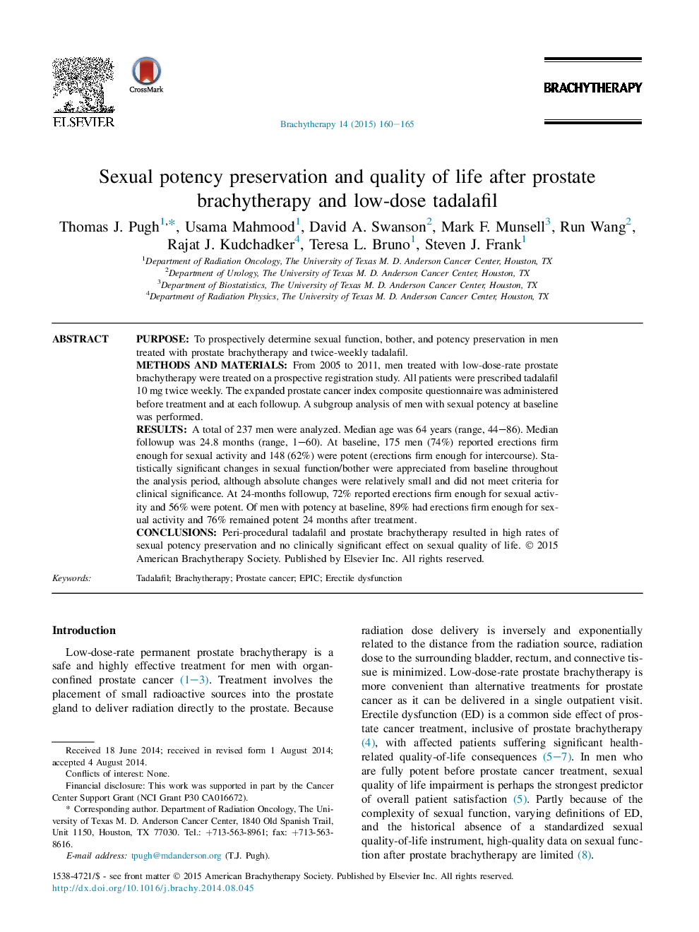 Sexual potency preservation and quality of life after prostate brachytherapy and low-dose tadalafil