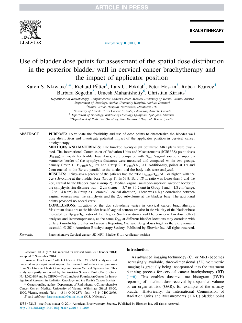 استفاده از دوزهای مثانه برای ارزیابی توزیع دوز فضایی در دیوار خلفی در برشیتراپی سرطان سرویکس و تأثیر موقعیت اپلیکاتور 