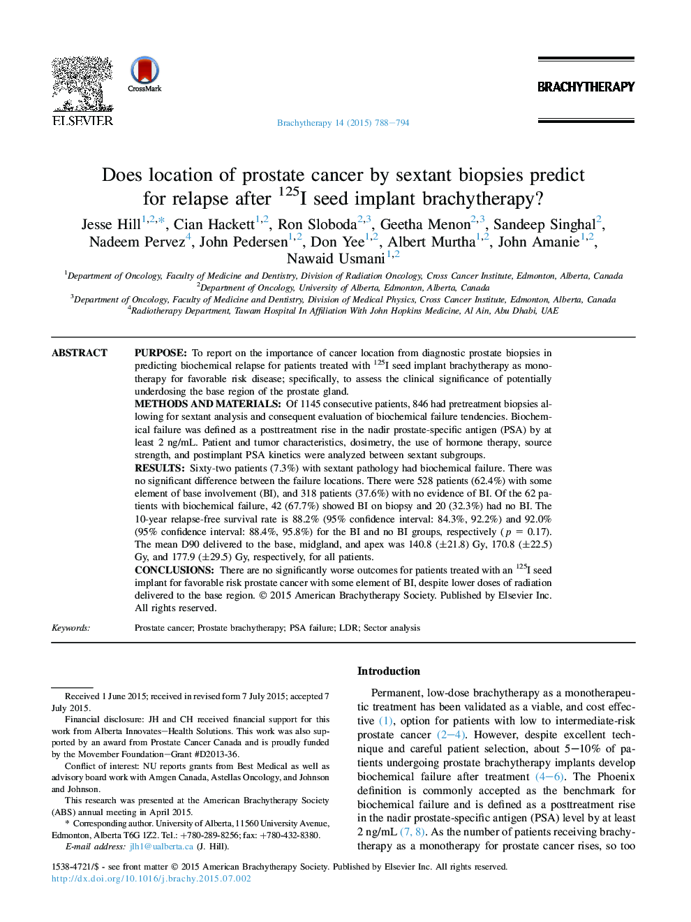 Does location of prostate cancer by sextant biopsies predict for relapse after 125I seed implant brachytherapy?