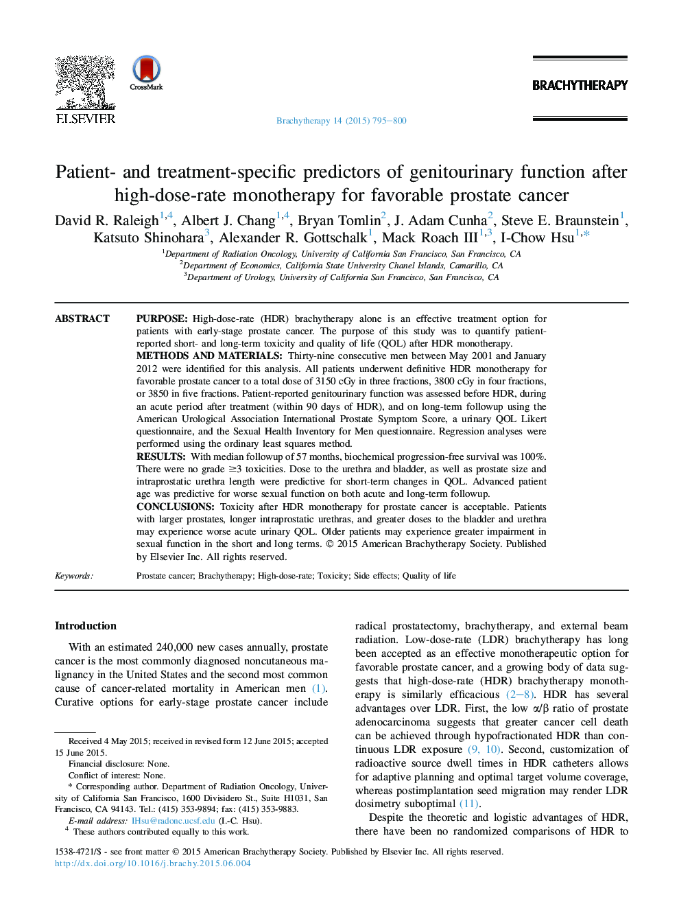 Patient- and treatment-specific predictors of genitourinary function after high-dose-rate monotherapy for favorable prostate cancer