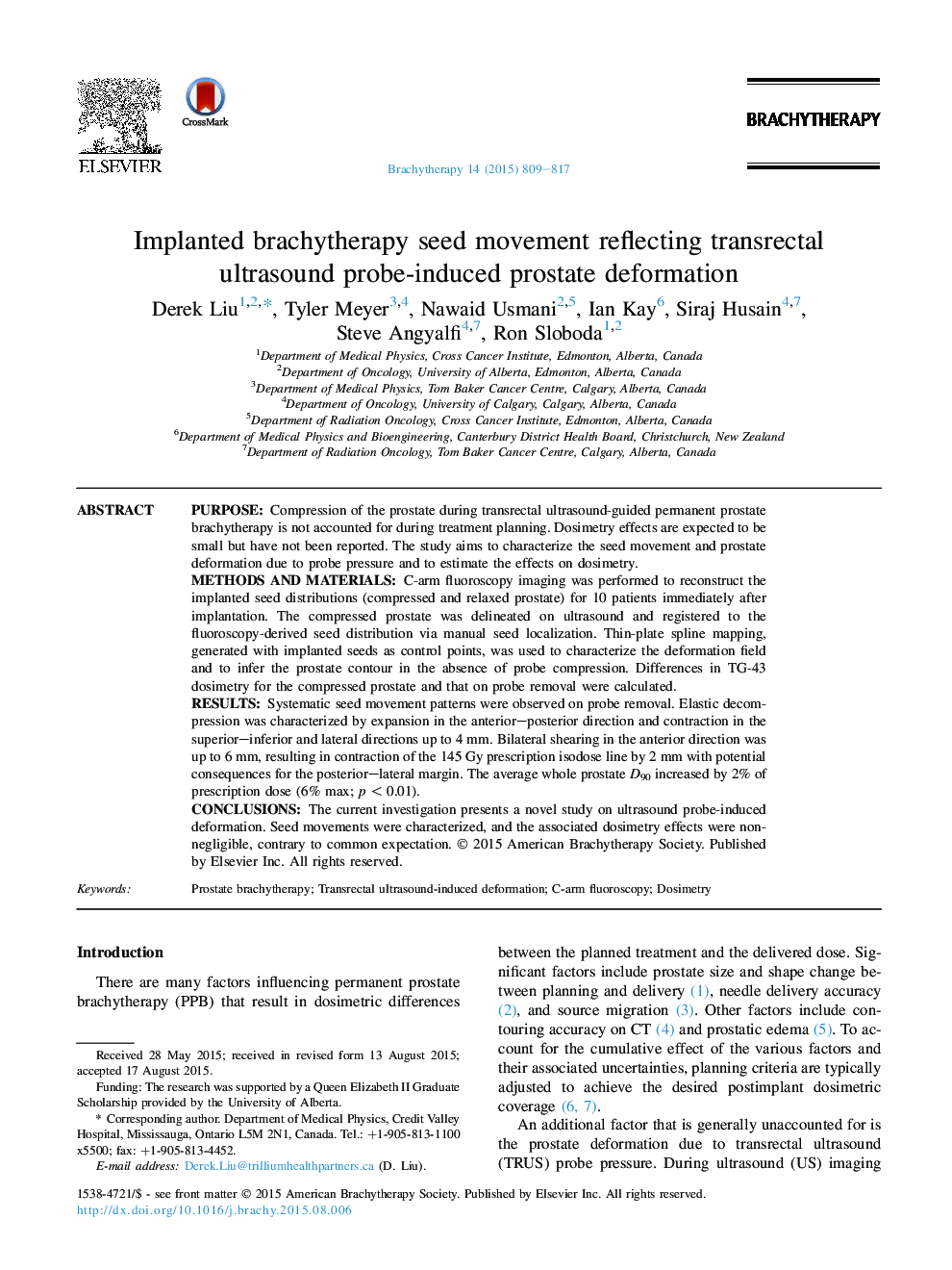 Implanted brachytherapy seed movement reflecting transrectal ultrasound probe-induced prostate deformation